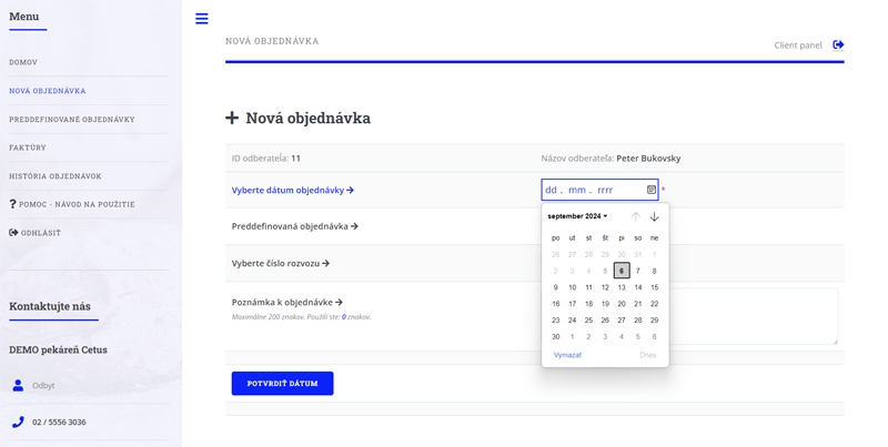 Klientsky panel - výber dátumu